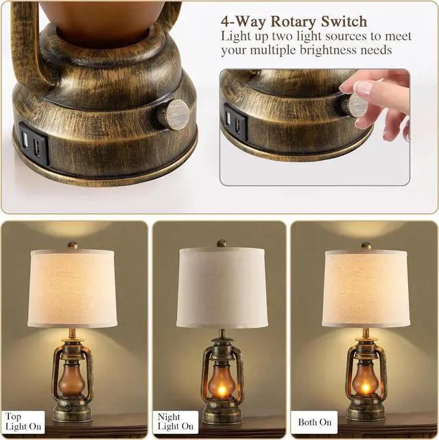 Alt view image 4 of 7 - RORIANO Set of 2 Farmhouse Lantern Table Lamps for Living Room with 2 USB Charging Ports, Rustic Vintage Nightstand Lamps with Nightlight for Bedroom End Table Entryway, 4 Bulb Included