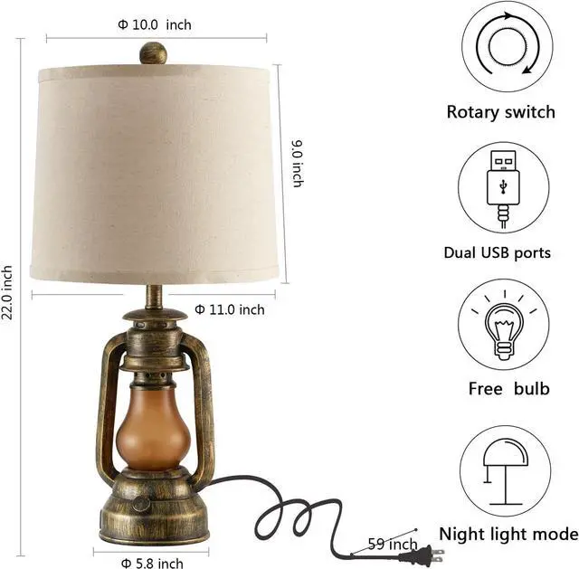 Alt view image 7 of 7 - RORIANO Set of 2 Farmhouse Lantern Table Lamps for Living Room with 2 USB Charging Ports, Rustic Vintage Nightstand Lamps with Nightlight for Bedroom End Table Entryway, 4 Bulb Included