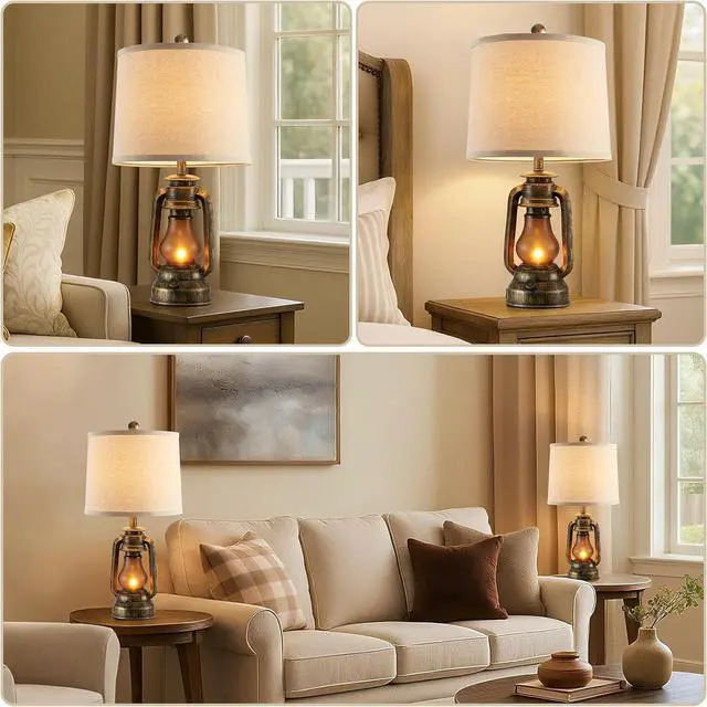 Alt view image 5 of 7 - RORIANO Set of 2 Farmhouse Lantern Table Lamps for Living Room with 2 USB Charging Ports, Rustic Vintage Nightstand Lamps with Nightlight for Bedroom End Table Entryway, 4 Bulb Included