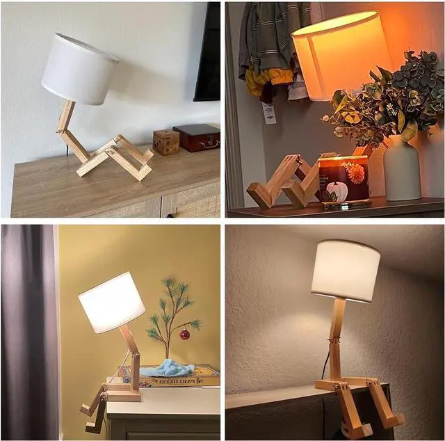Alt view image 4 of 6 - Robot Cute Desk Lamp Set of 2, Wooden Bedside Table Lamp Unique Fun Robot Lamp Quirky Cool Lamp for Home, Kids Room, Living Room, Coffee Shop, Adjustable Lamp Body