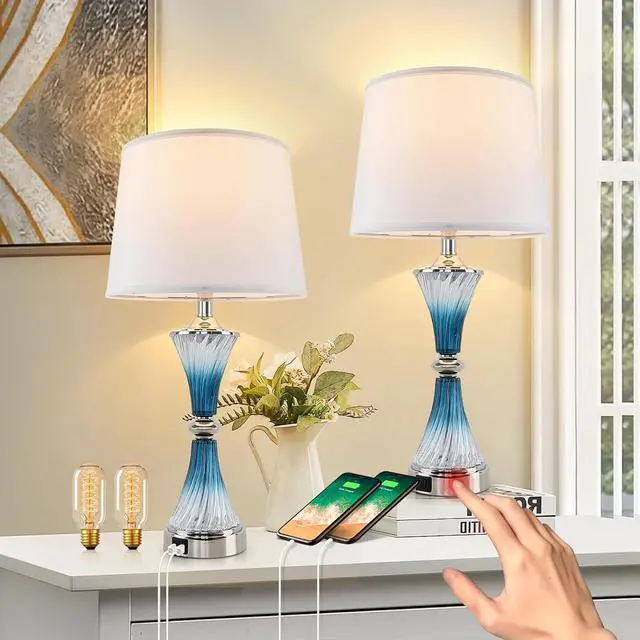 Main image of Terpsichore Nightstand Lamps Set of 2 Bedside Crystal Lamp Touch Dimmable Table Lamps Modern Glass Table Lamp LED Lights Coastal Lamp USB Powered Desk Light &Outlets for Bedroom, Living Room, Lighting