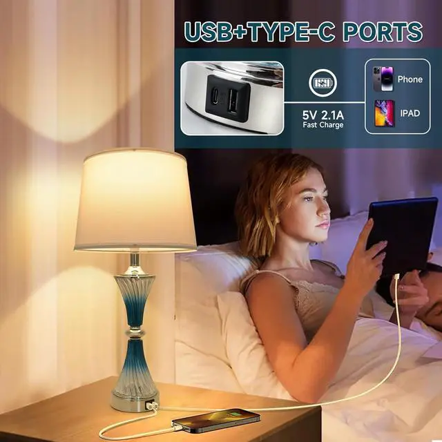 Alt view image 2 of 7 - Terpsichore Nightstand Lamps Set of 2 Bedside Crystal Lamp Touch Dimmable Table Lamps Modern Glass Table Lamp LED Lights Coastal Lamp USB Powered Desk Light &Outlets for Bedroom, Living Room, Lighting