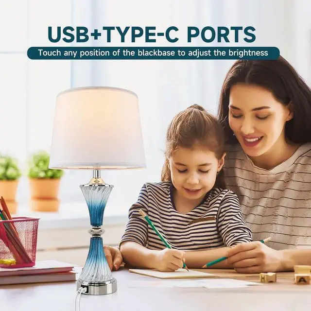 Alt view image 4 of 7 - Terpsichore Nightstand Lamps Set of 2 Bedside Crystal Lamp Touch Dimmable Table Lamps Modern Glass Table Lamp LED Lights Coastal Lamp USB Powered Desk Light &Outlets for Bedroom, Living Room, Lighting