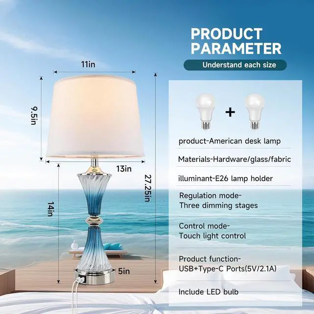 Alt view image 7 of 7 - Terpsichore Nightstand Lamps Set of 2 Bedside Crystal Lamp Touch Dimmable Table Lamps Modern Glass Table Lamp LED Lights Coastal Lamp USB Powered Desk Light &Outlets for Bedroom, Living Room, Lighting