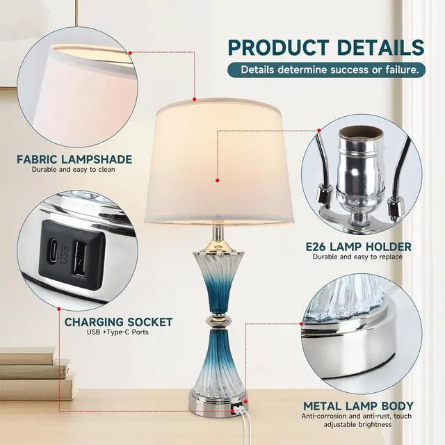 Alt view image 6 of 7 - Terpsichore Nightstand Lamps Set of 2 Bedside Crystal Lamp Touch Dimmable Table Lamps Modern Glass Table Lamp LED Lights Coastal Lamp USB Powered Desk Light &Outlets for Bedroom, Living Room, Lighting