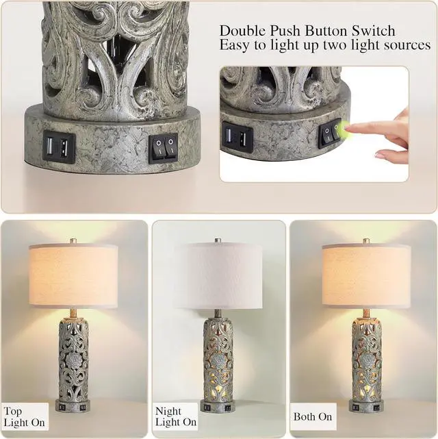 Alt view image 2 of 7 - 25'' Set of 2 Industrial Table Lamps for Living Room with Dual USB Ports, Vintage Resin Nightstand Lamp for Bedroom with Nightlight, Antique Rustic Desk Lamp for Entryway, 2 Bulbs Included