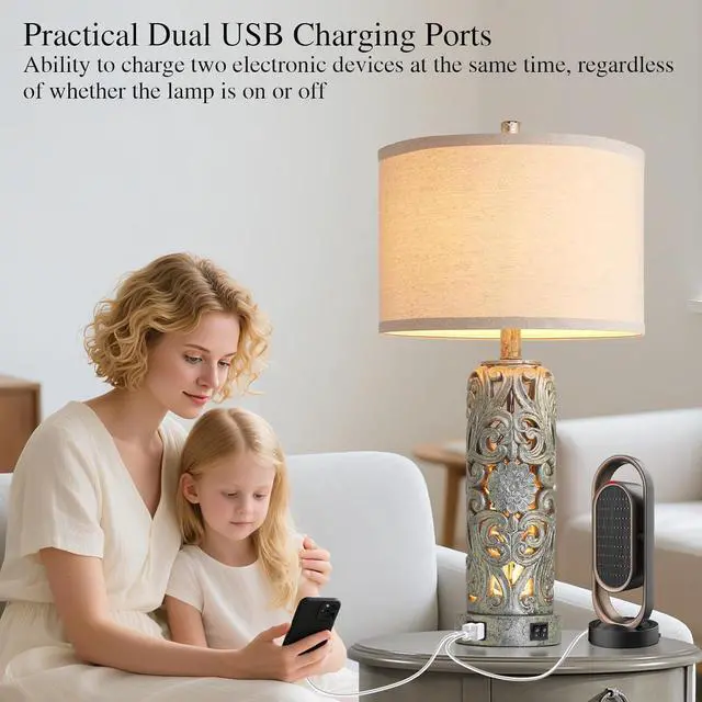 Alt view image 3 of 7 - 25'' Set of 2 Industrial Table Lamps for Living Room with Dual USB Ports, Vintage Resin Nightstand Lamp for Bedroom with Nightlight, Antique Rustic Desk Lamp for Entryway, 2 Bulbs Included