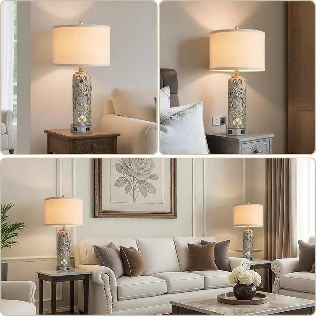 Alt view image 4 of 7 - 25'' Set of 2 Industrial Table Lamps for Living Room with Dual USB Ports, Vintage Resin Nightstand Lamp for Bedroom with Nightlight, Antique Rustic Desk Lamp for Entryway, 2 Bulbs Included