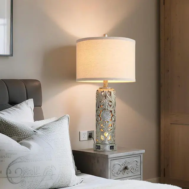 Alt view image 5 of 7 - 25'' Set of 2 Industrial Table Lamps for Living Room with Dual USB Ports, Vintage Resin Nightstand Lamp for Bedroom with Nightlight, Antique Rustic Desk Lamp for Entryway, 2 Bulbs Included