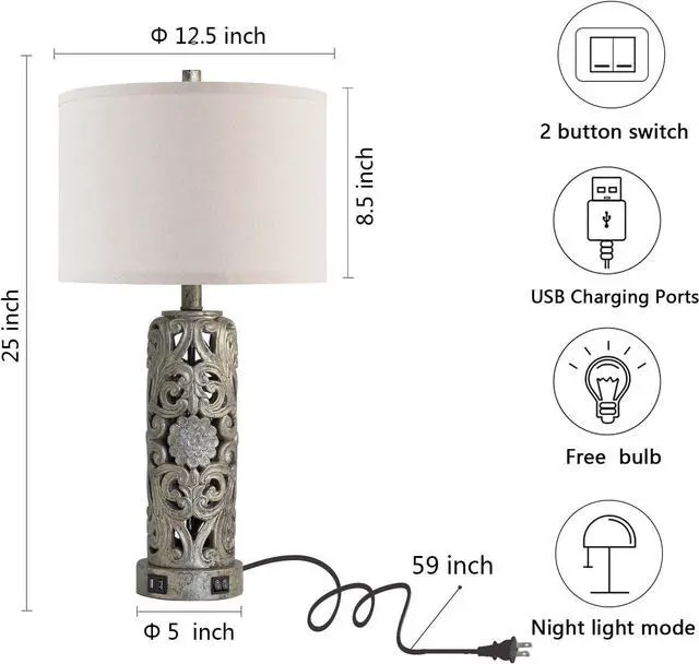 Alt view image 6 of 7 - 25'' Set of 2 Industrial Table Lamps for Living Room with Dual USB Ports, Vintage Resin Nightstand Lamp for Bedroom with Nightlight, Antique Rustic Desk Lamp for Entryway, 2 Bulbs Included