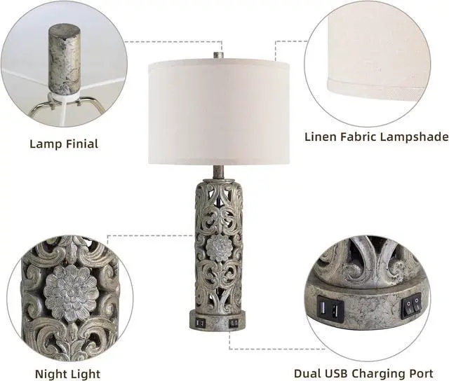 Alt view image 7 of 7 - 25'' Set of 2 Industrial Table Lamps for Living Room with Dual USB Ports, Vintage Resin Nightstand Lamp for Bedroom with Nightlight, Antique Rustic Desk Lamp for Entryway, 2 Bulbs Included