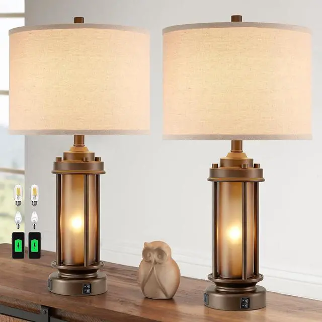 Main image of Set of 2 Farmhouse Table Lamps for Living Room, Rustic Vintage Bedside Lamps with 2 USB Ports, Bedroom Nightstand Lamp with Amber Glass Nightlight for End Table Entryway, 4 Bulbs Includes