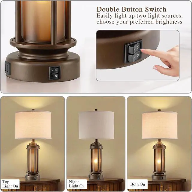 Alt view image 2 of 7 - Set of 2 Farmhouse Table Lamps for Living Room, Rustic Vintage Bedside Lamps with 2 USB Ports, Bedroom Nightstand Lamp with Amber Glass Nightlight for End Table Entryway, 4 Bulbs Includes