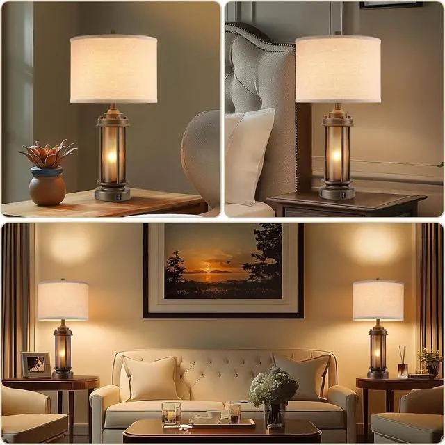Alt view image 3 of 7 - Set of 2 Farmhouse Table Lamps for Living Room, Rustic Vintage Bedside Lamps with 2 USB Ports, Bedroom Nightstand Lamp with Amber Glass Nightlight for End Table Entryway, 4 Bulbs Includes