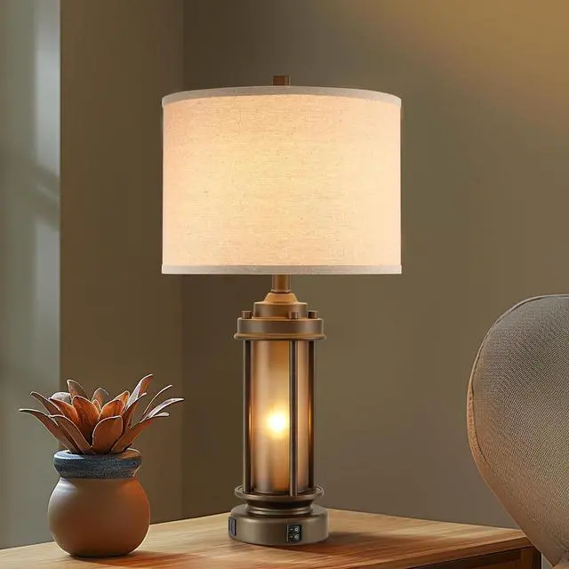 Alt view image 4 of 7 - Set of 2 Farmhouse Table Lamps for Living Room, Rustic Vintage Bedside Lamps with 2 USB Ports, Bedroom Nightstand Lamp with Amber Glass Nightlight for End Table Entryway, 4 Bulbs Includes