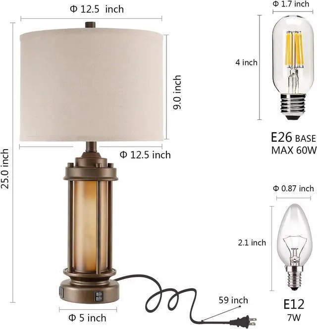 Alt view image 5 of 7 - Set of 2 Farmhouse Table Lamps for Living Room, Rustic Vintage Bedside Lamps with 2 USB Ports, Bedroom Nightstand Lamp with Amber Glass Nightlight for End Table Entryway, 4 Bulbs Includes