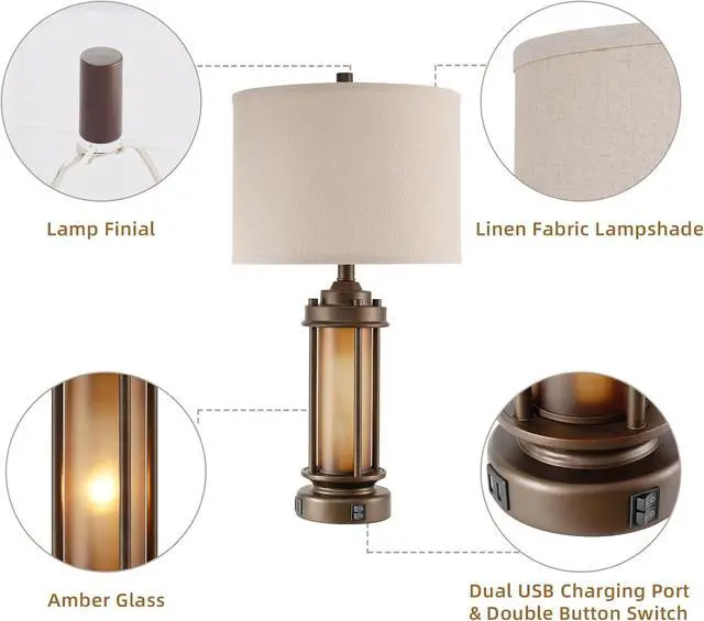 Alt view image 6 of 7 - Set of 2 Farmhouse Table Lamps for Living Room, Rustic Vintage Bedside Lamps with 2 USB Ports, Bedroom Nightstand Lamp with Amber Glass Nightlight for End Table Entryway, 4 Bulbs Includes
