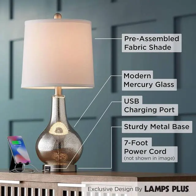 Alt view image 3 of 7 - 360 Lighting Ledger Modern Accent Table Lamps 21.75" High Set of 2 with USB Charging Port Mercury Glass Off White Drum Shade Decor for Living Room Desk Bedroom House Bedside Nightstand Home