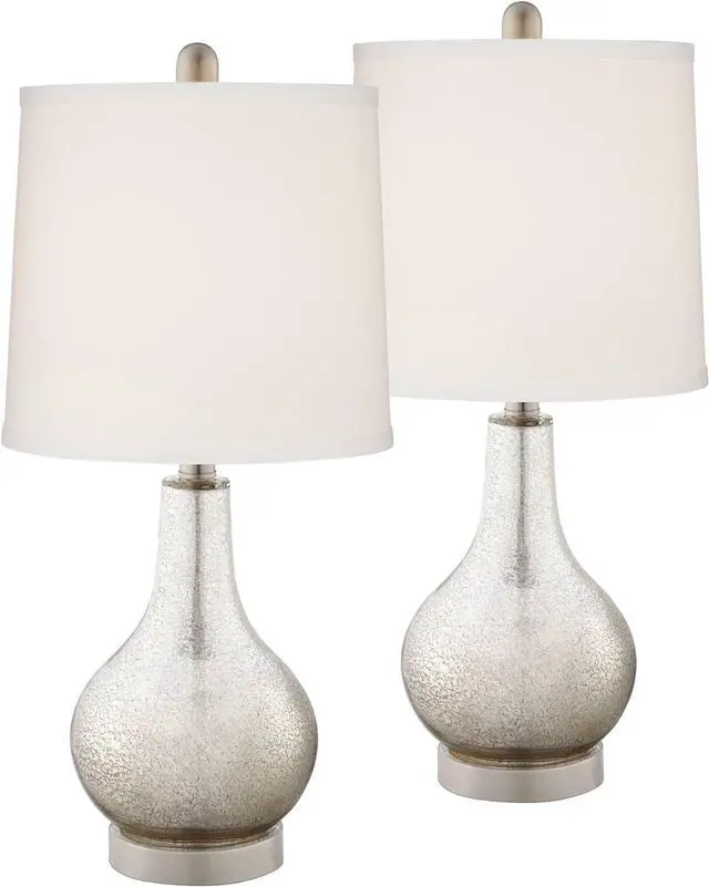 Alt view image 2 of 7 - 360 Lighting Ledger Modern Accent Table Lamps 21.75" High Set of 2 with USB Charging Port Mercury Glass Off White Drum Shade Decor for Living Room Desk Bedroom House Bedside Nightstand Home