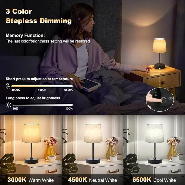 Alt view image 3 of 7 - Small Cordless Table Lamp,5000mAh Rechargeable Battery Operated Desk Lamp,3 Colors & 7 RGB Stepless Dimmable, Portable Touch Fabric Shade LED Night Light for Bedroom Restaurant Home(Flaxen)