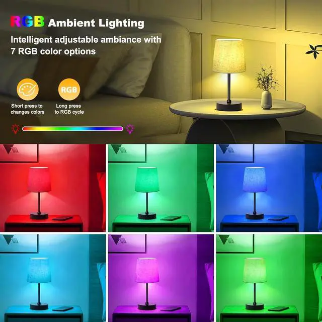 Alt view image 4 of 7 - Small Cordless Table Lamp,5000mAh Rechargeable Battery Operated Desk Lamp,3 Colors & 7 RGB Stepless Dimmable, Portable Touch Fabric Shade LED Night Light for Bedroom Restaurant Home(Flaxen)