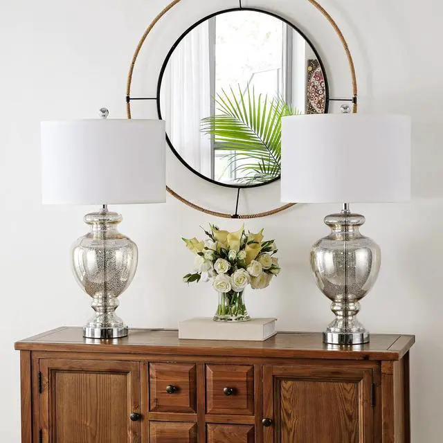 Alt view image 3 of 5 - SAFAVIEH Lighting Collection Morocco Mercury Glass 28-inch Table Lamp Set of 2 with USB Charging Port (LED Bulbs Included)