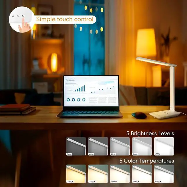 Alt view image 2 of 7 - White crown LED Desk Lamp with 15W Wireless Charger & USB Port, Dimmable Table Lamp with 5 Lighting Modes, Sensitive Touch Control, Foldable & Portable Desk Light for Home, Office, Bedroom, Reading
