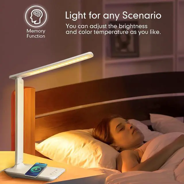 Alt view image 4 of 7 - White crown LED Desk Lamp with 15W Wireless Charger & USB Port, Dimmable Table Lamp with 5 Lighting Modes, Sensitive Touch Control, Foldable & Portable Desk Light for Home, Office, Bedroom, Reading