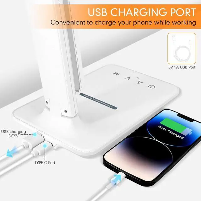 Alt view image 5 of 7 - White crown LED Desk Lamp with 15W Wireless Charger & USB Port, Dimmable Table Lamp with 5 Lighting Modes, Sensitive Touch Control, Foldable & Portable Desk Light for Home, Office, Bedroom, Reading