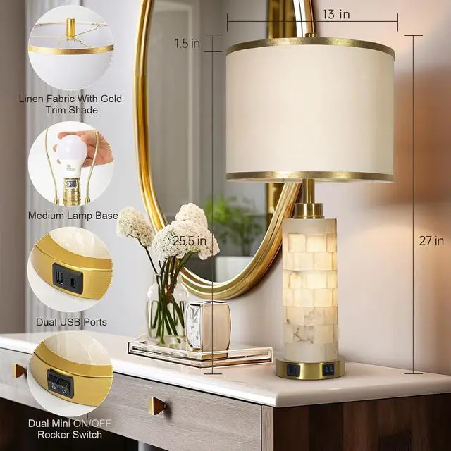 Alt view image 3 of 6 - 27" Natural Alabaster Table Lamps Set of 2, Lamps for Living Room Bedroom,Bedside Lamps with Night Light,Nightstand Lamp with USB A+C Ports,Modern Table Lamp with Linen Shade (Bulbs Included)