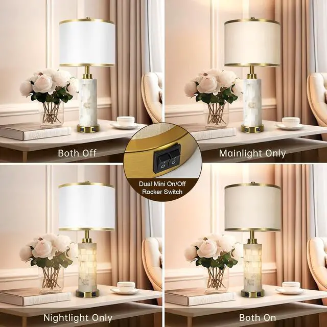 Alt view image 4 of 6 - 27" Natural Alabaster Table Lamps Set of 2, Lamps for Living Room Bedroom,Bedside Lamps with Night Light,Nightstand Lamp with USB A+C Ports,Modern Table Lamp with Linen Shade (Bulbs Included)