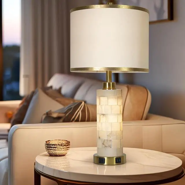 Alt view image 6 of 6 - 27" Natural Alabaster Table Lamps Set of 2, Lamps for Living Room Bedroom,Bedside Lamps with Night Light,Nightstand Lamp with USB A+C Ports,Modern Table Lamp with Linen Shade (Bulbs Included)