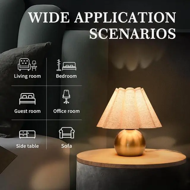 Alt view image 2 of 7 - Gold Small Bedside Table Lamp for Bedroom, Brass Gold Bedroom Lamps for Nightstand, Cute Mini Table Lamps for Small Spaces with Scalloped Shade for Kitchen Counter, Bookshelf, Living Room, Kids Dorm