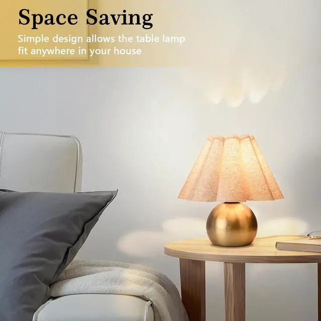 Alt view image 4 of 7 - Gold Small Bedside Table Lamp for Bedroom, Brass Gold Bedroom Lamps for Nightstand, Cute Mini Table Lamps for Small Spaces with Scalloped Shade for Kitchen Counter, Bookshelf, Living Room, Kids Dorm