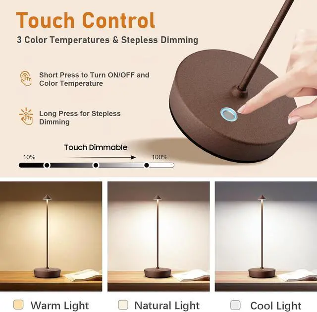 Alt view image 4 of 7 - Set of 2 Rechargeable Cordless Table Lamp,6000mAh LED Battery Operated Desk Lamp Touch 3 Color Dimming Portable Outdoor Waterproof Table Light for Patio/Restaurant/Dining/Home (Rust)