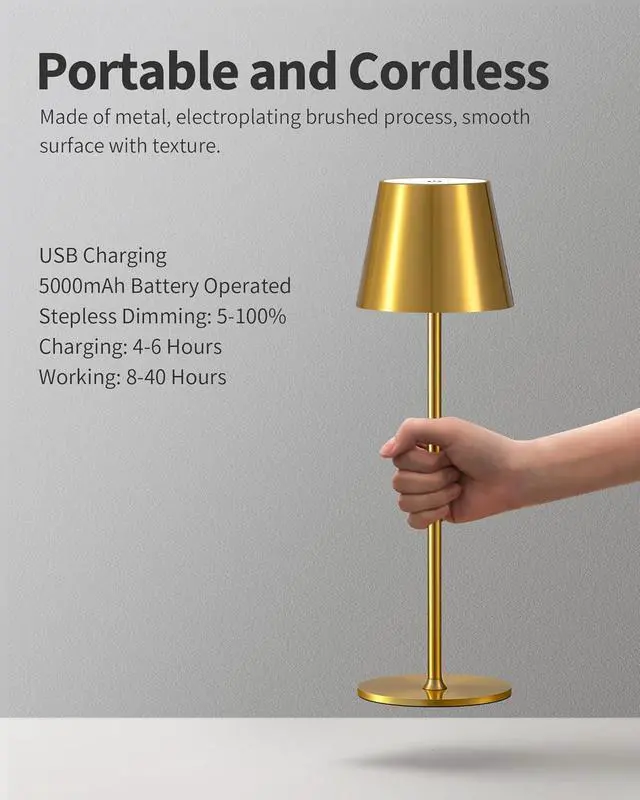 Alt view image 4 of 7 - PUSU Cordless Rechargeable Table Lamp Set of 2, 4000mAh Battery Powered LED Desk Lamp, 3 Color Stepless Dimming Up, Portable Table Light Lamp for Bedroom Restaurant Outdoor (Gold)