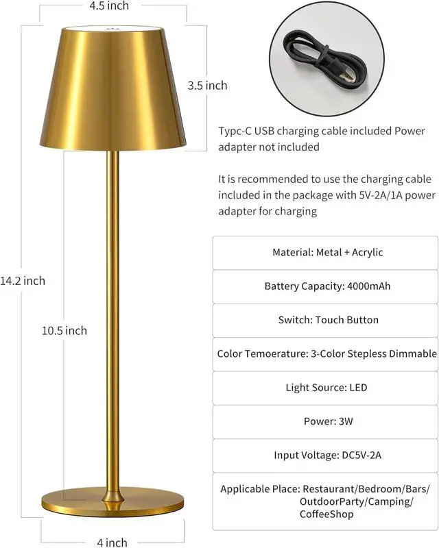Alt view image 5 of 7 - PUSU Cordless Rechargeable Table Lamp Set of 2, 4000mAh Battery Powered LED Desk Lamp, 3 Color Stepless Dimming Up, Portable Table Light Lamp for Bedroom Restaurant Outdoor (Gold)
