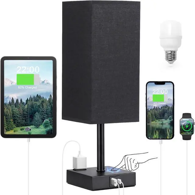 Main image of Black Lamp for Bedroom-Touch Lamp with USB-C+A and AC Outlets,3 Way Bedside Nightstand Square Table Lamp for Kids, Guest Room Living Rroom,Office, 800 Lumens 5000K Daylight Bulbs Included