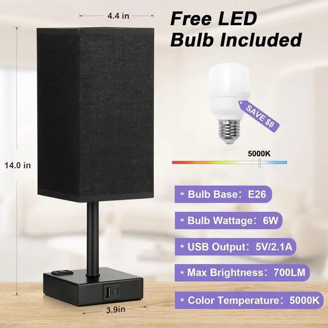 Alt view image 4 of 7 - Black Lamp for Bedroom-Touch Lamp with USB-C+A and AC Outlets,3 Way Bedside Nightstand Square Table Lamp for Kids, Guest Room Living Rroom,Office, 800 Lumens 5000K Daylight Bulbs Included