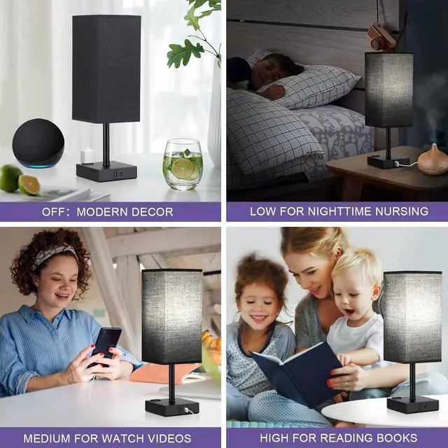 Alt view image 5 of 7 - Black Lamp for Bedroom-Touch Lamp with USB-C+A and AC Outlets,3 Way Bedside Nightstand Square Table Lamp for Kids, Guest Room Living Rroom,Office, 800 Lumens 5000K Daylight Bulbs Included