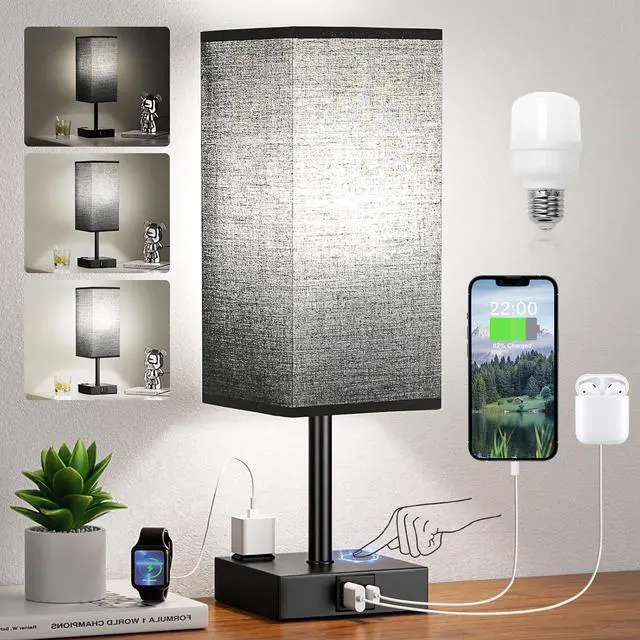 Alt view image 7 of 7 - Black Lamp for Bedroom-Touch Lamp with USB-C+A and AC Outlets,3 Way Bedside Nightstand Square Table Lamp for Kids, Guest Room Living Rroom,Office, 800 Lumens 5000K Daylight Bulbs Included