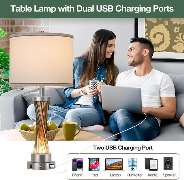 Alt view image 5 of 6 - 3-Way Dimmable Table Lamp Set of 2,Touch Cowith USB A+C Po