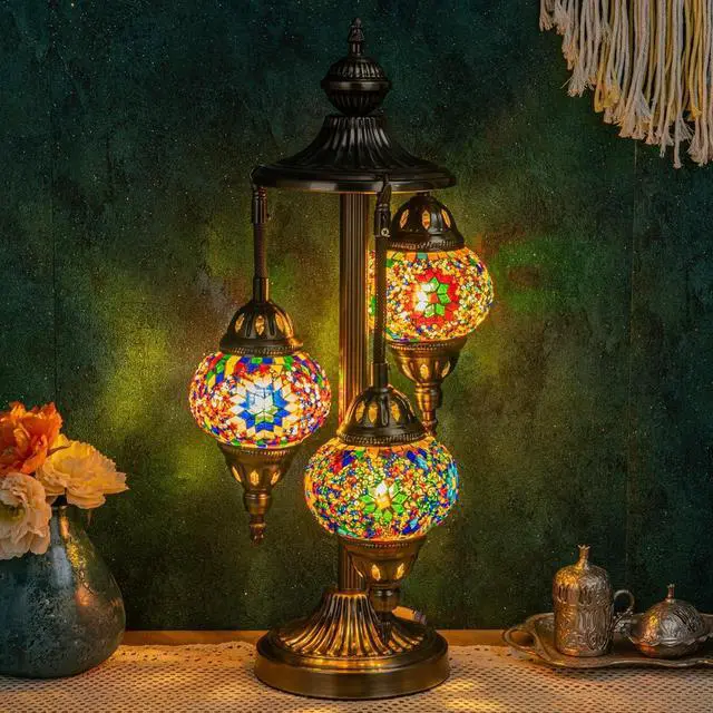 Main image of Marrakech Turkish Lamp 3 Globes Moroccan Table Lamp with Bronze Base, 23" Tall Handmade Colorful Tiffany Mosaic Glass Night Light Fixture Including LED Bulb for Living Room Bedroom Decor