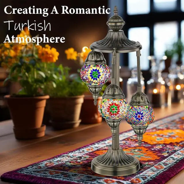 Alt view image 2 of 6 - Marrakech Turkish Lamp 3 Globes Moroccan Table Lamp with Bronze Base, 23" Tall Handmade Colorful Tiffany Mosaic Glass Night Light Fixture Including LED Bulb for Living Room Bedroom Decor