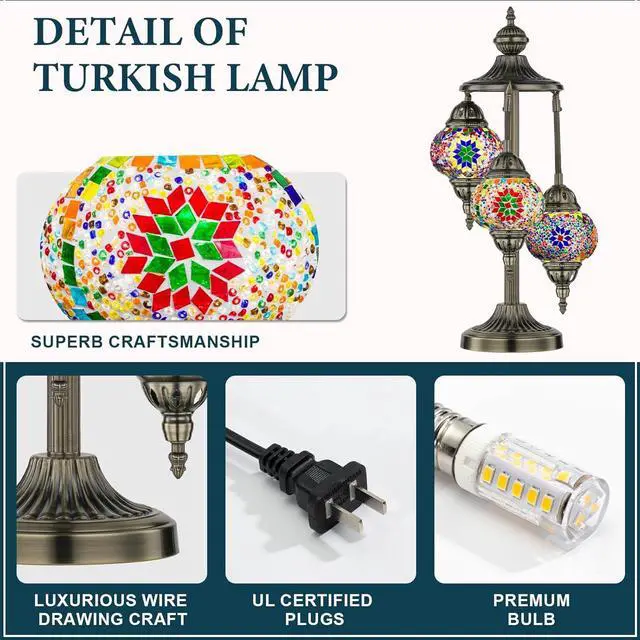 Alt view image 4 of 6 - Marrakech Turkish Lamp 3 Globes Moroccan Table Lamp with Bronze Base, 23" Tall Handmade Colorful Tiffany Mosaic Glass Night Light Fixture Including LED Bulb for Living Room Bedroom Decor