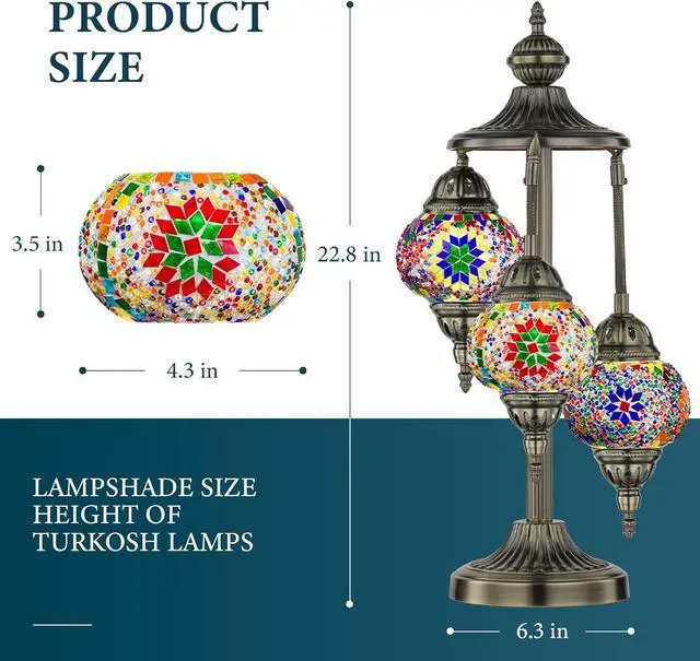 Alt view image 3 of 6 - Marrakech Turkish Lamp 3 Globes Moroccan Table Lamp with Bronze Base, 23" Tall Handmade Colorful Tiffany Mosaic Glass Night Light Fixture Including LED Bulb for Living Room Bedroom Decor