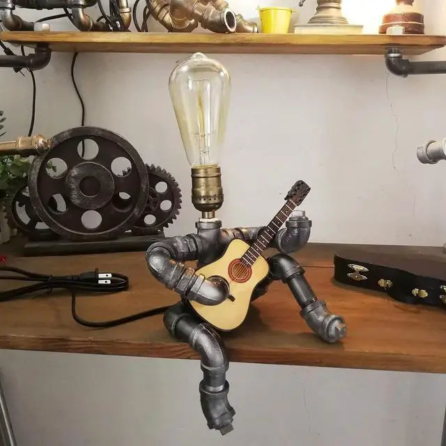 Alt view image 2 of 7 - Steampunk Industrial Guitar Lamp - Unique Table Lamp/Desk Lamp with Edison Bulb, Vintage Decorative Lamp for Men, Guitar Lovers & Musicians, Creative Unusual Music-Themed Gift