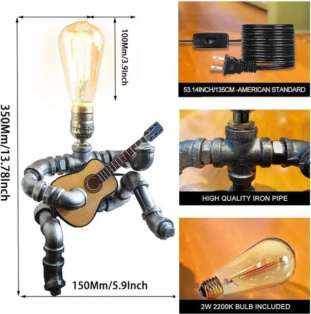 Alt view image 3 of 7 - Steampunk Industrial Guitar Lamp - Unique Table Lamp/Desk Lamp with Edison Bulb, Vintage Decorative Lamp for Men, Guitar Lovers & Musicians, Creative Unusual Music-Themed Gift