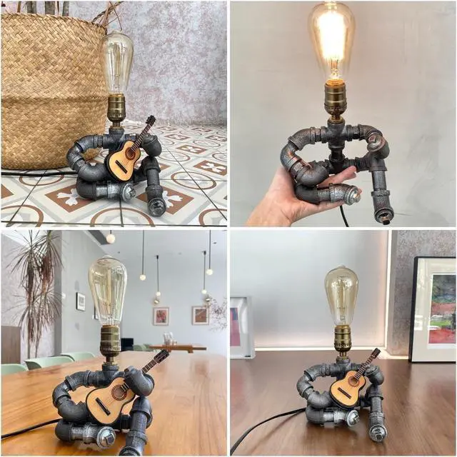 Alt view image 5 of 7 - Steampunk Industrial Guitar Lamp - Unique Table Lamp/Desk Lamp with Edison Bulb, Vintage Decorative Lamp for Men, Guitar Lovers & Musicians, Creative Unusual Music-Themed Gift