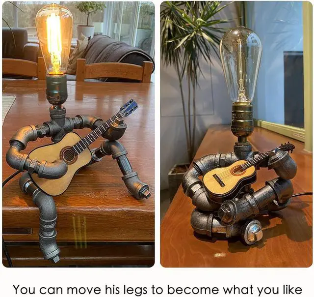 Alt view image 6 of 7 - Steampunk Industrial Guitar Lamp - Unique Table Lamp/Desk Lamp with Edison Bulb, Vintage Decorative Lamp for Men, Guitar Lovers & Musicians, Creative Unusual Music-Themed Gift